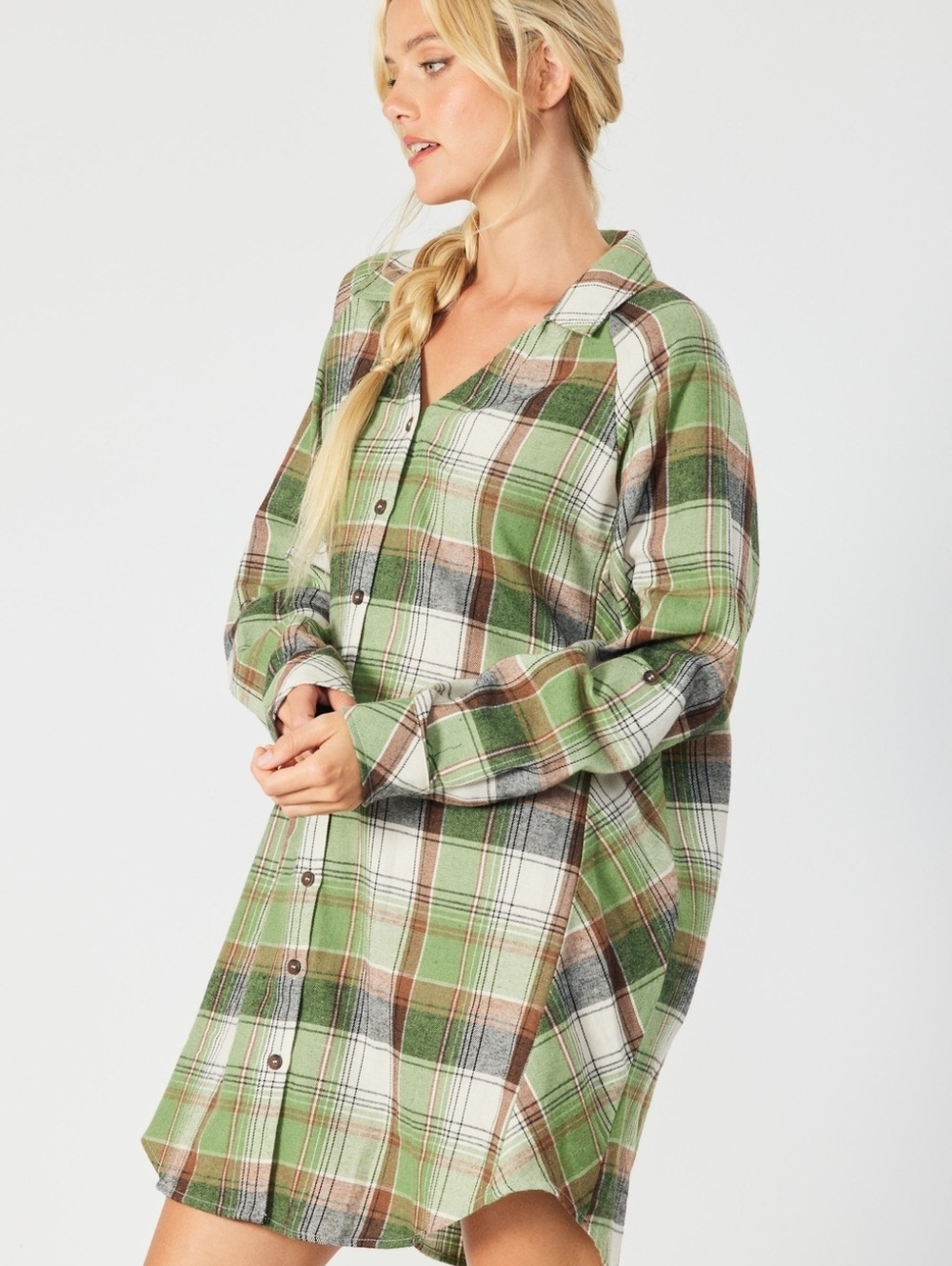 Olive Plaid Button-Front Cotton Blend Flannel Shirt Dress